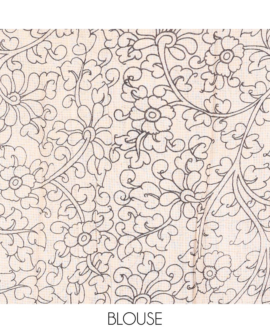 Black Machine-Printed Kalamkari Cotton Saree Features Human and Intricate Motifs, a Piping Border, Pallu of Peacock, and a Matching Blouse
