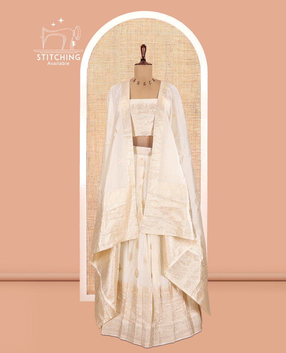 Cream Semi-Silk Half-Saree, Enriched with Zari Buttas Skirt, Traditional Big Border, Matching Blouse, Dhavani
