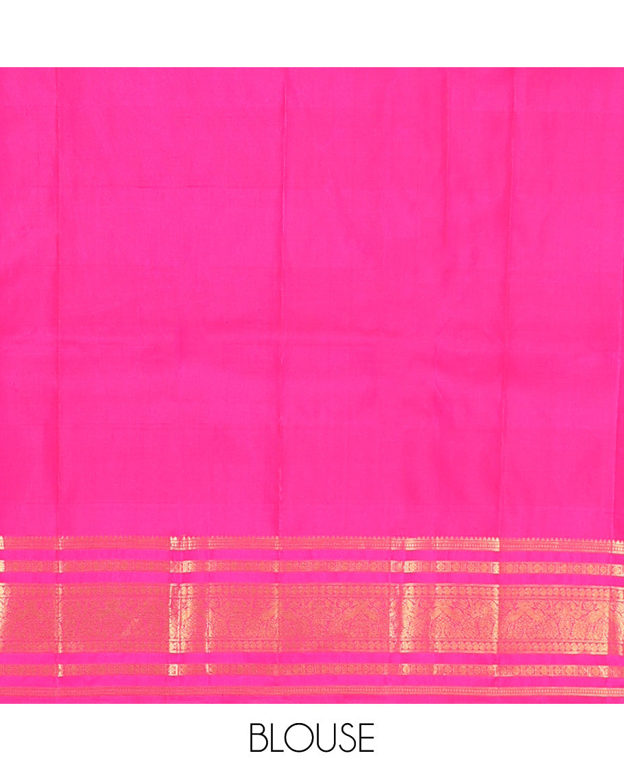 Multi-Color Palum Pazhamum Kattam Kanchipuram Silk Saree Features Mayil-Chakram Buttas, a Traditional Zari Border, Grand Jaal Pallu, and Contrast Blouse