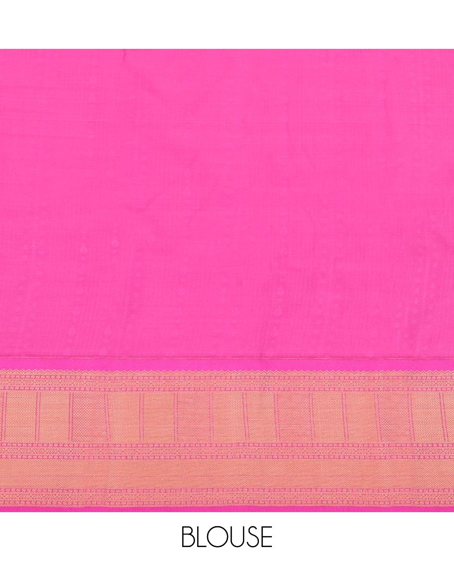 Pink Art Silk Pavadai Material Set, Featuring Zari Designs All Over the Skirt, Complemented by a Contrast Traditional Zari Design Border, and Paired with a Contrast Blouse