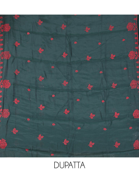 Bottel Green Mul Chanderi Material Churidar Features Floral Vine Embroidery Top, a Plain Bottom, and a Embroidered Dupatta