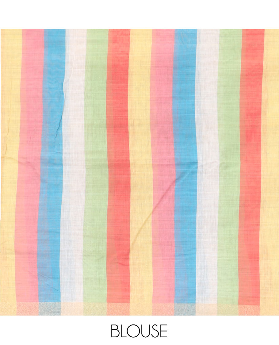 Blue Plain Semi-Tussar Saree, a Zari Border, Multi-Colored Striped Pallu, and a Contrast Blouse