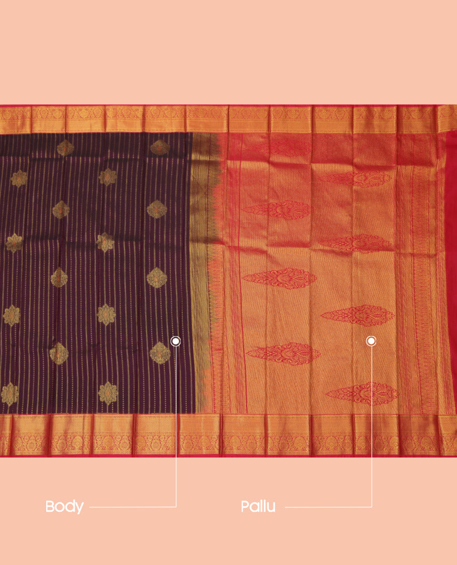 Brown Budget Silk Saree, Graced with Zari Buttas and Stripes, Complemented by a Contrast Traditional Zari Border, Grand Pallu, and Contrast Blouse