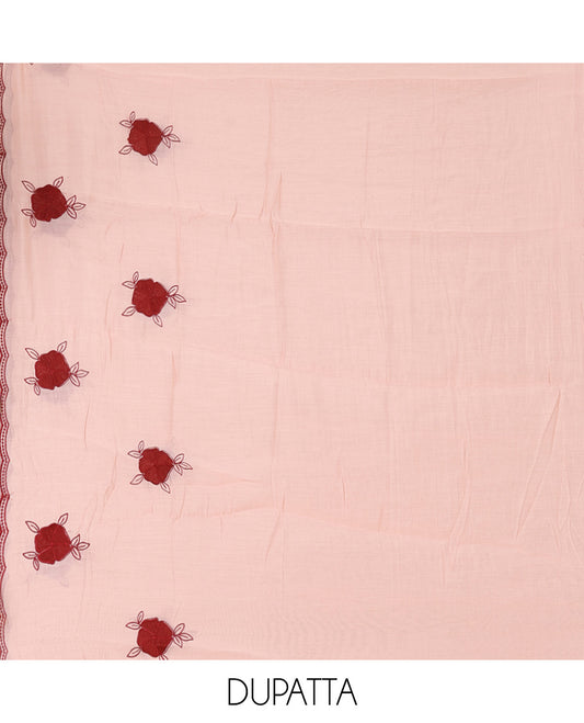 Dusky Rose Mul Chanderi Material Chudiddar, Floral Embroidered Top, Plain Bottom, Scallop Embroidered Dupatta