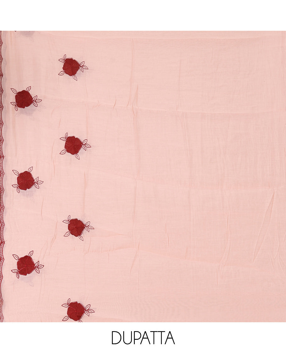 Dusky Rose Mul Chanderi Material Chudiddar, Floral Embroidered Top, Plain Bottom, Scallop Embroidered Dupatta