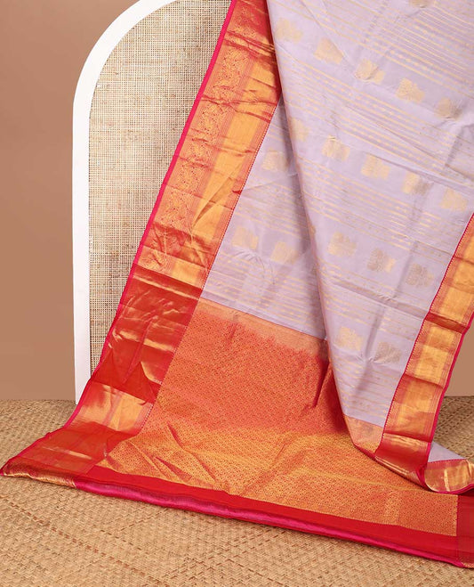 Lavender floral design silk saree with contrast border of rekku, banaras, muthu, mayil design & jaal pallu