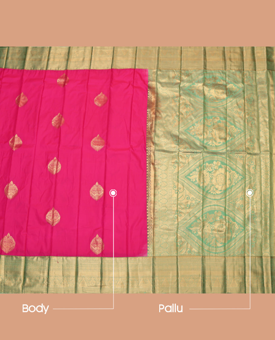 Pink Budget Silk Saree, Decked Up with Zari Buttas, Complemented by Contrast Traditional Zari Border, Grand Pallu and a Contrast Blouse