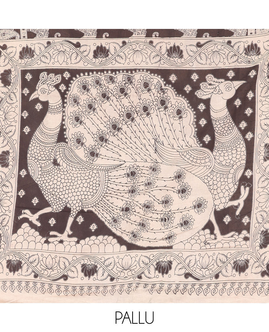 Black Kalamkari Cotton Saree, Decked Up with Elephant Motifs Print, Contrast Paisley Border, Pallu of Peacock Motifs, and a Matching Blouse