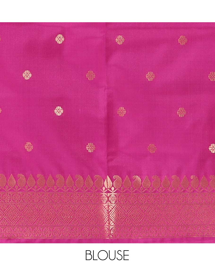 Magenta Soft Silk Saree, Decorated with Horse-Peacock Buttas, a Zari Border, Jaal Pallu, and a Matching Blouse