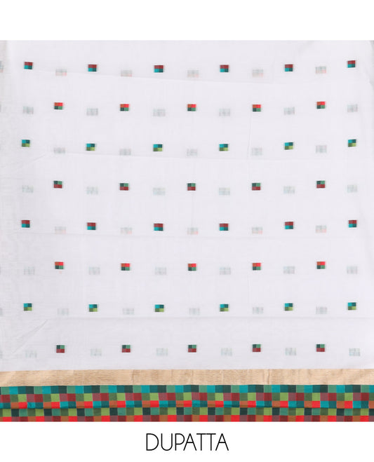 White Chanderi Material Churidar Features Square Butta Printed Top, a Plain Bottom, a Square Buttas Printed Dupatta