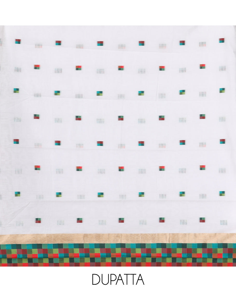 White Chanderi Material Churidar Features Square Butta Printed Top, a Plain Bottom, a Square Buttas Printed Dupatta
