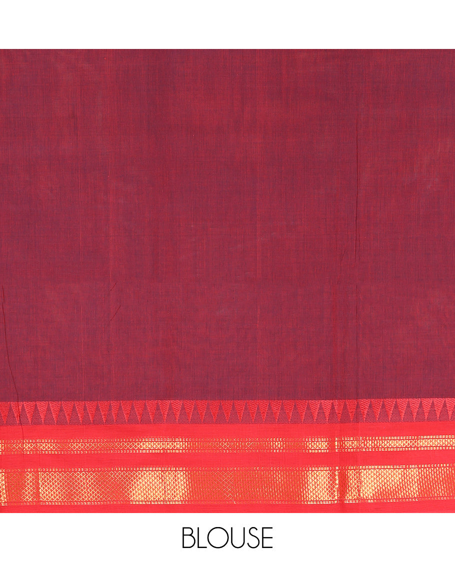 Maroon Plain Chettinad Cotton Saree, Complemented by a Contrast Traditional Zari Design Temple Border, Pallu of Stripes and Buttas, and Paired with a Matching Blouse