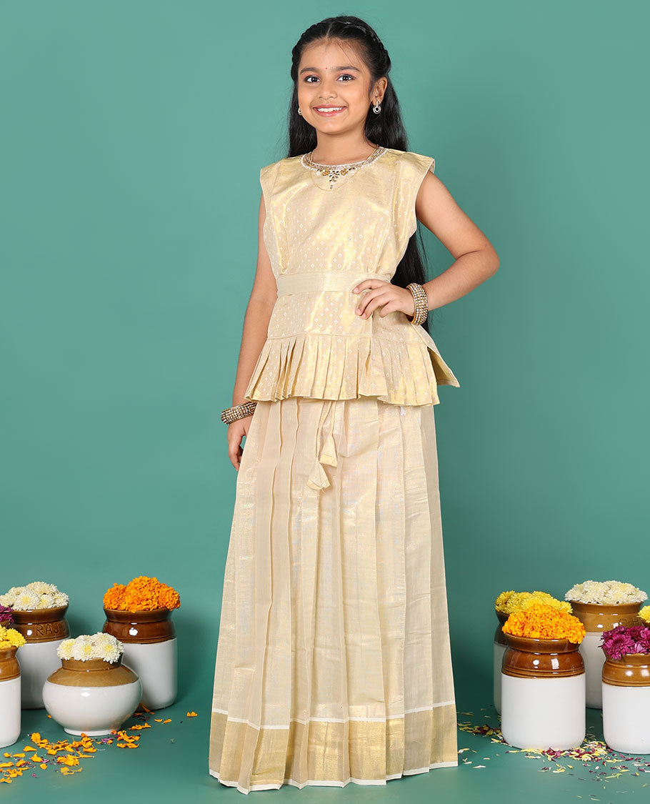 Kerala cream readymade art silk pavadai, zari border skirt & jacquard embroidered round neck sleeveless blouse