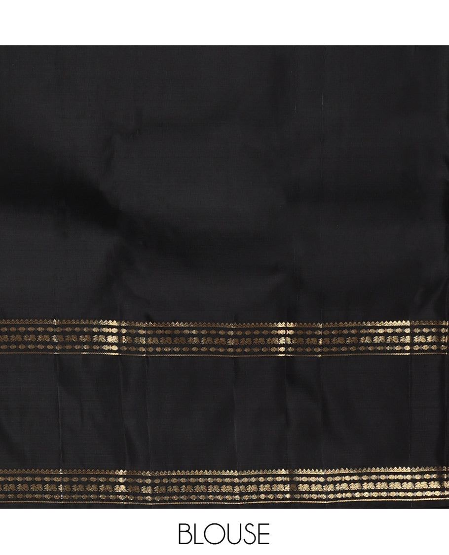 Wine Kanchipuram Silk Saree, Finely Crafted with Mayil-Chakram Buttas, Complemented by Contrast Rettai Pettu Border of Rekku, Rudraksham, and Mayil Designs, Jaal Pallu, and Contrast Blouse