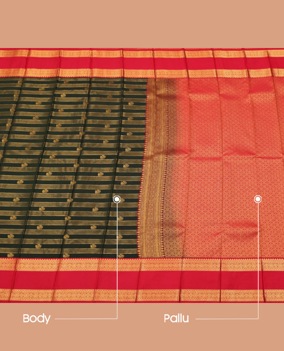 Green Budget Silk Saree, Styled with Zari Stripes and Peacock Buttas on Its Body, Complemented by a Contrast Traditional Zari Design Rettai Pettu Border, Grand Jaal Pallu, and Paired with a Contrast Blouse