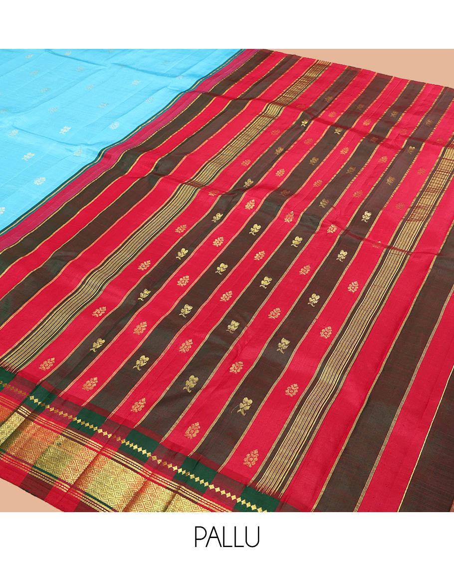 Blue Kanchipuram Silk Saree, Subtly Woven with Zari Buttas, a Contrast Korvai One-Sided Border of Rekku, Banaras, Muthu, and Jaal Design, Zari Design Pallu, and No Blouse