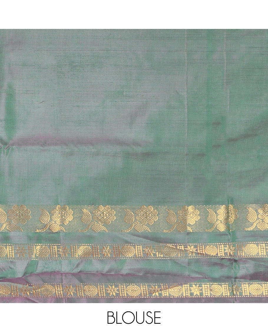 Sandal Banana Pith Saree, Woven with Thread Buttas, Complemented by a Contrast Rettai Pettu Traditional Border, Pallu of Stripes and Buttas, and a Contrast Blouse