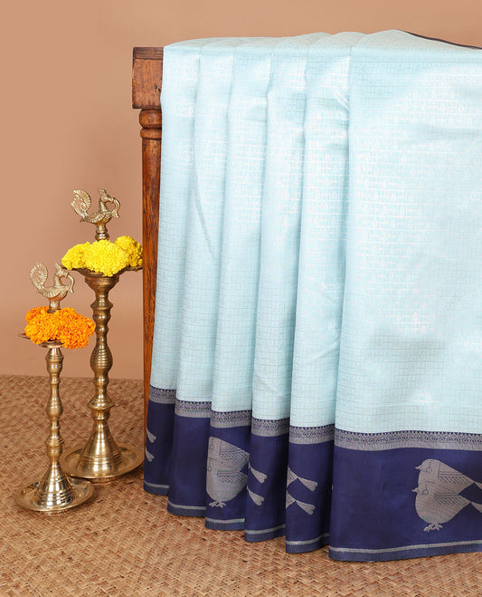 Light blue zari deepam, brocade weaving design kanchi silk saree with contrast zari sparrow design border & rich pallu along with brocade blouse
