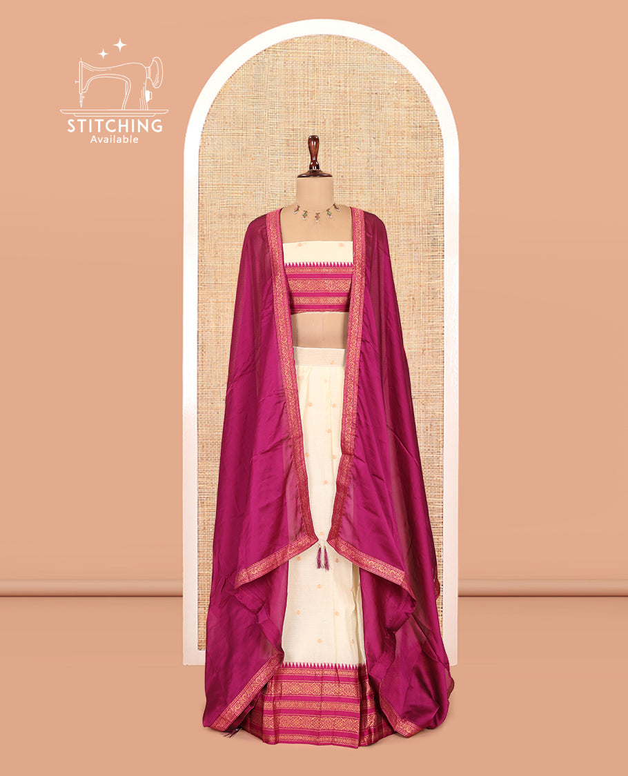 Sandal-Magenta Banaras Kota Half-Saree, Zari Buttas Skirt, Contrast Traditional Border, Matching Blouse, Contrast Dhavani