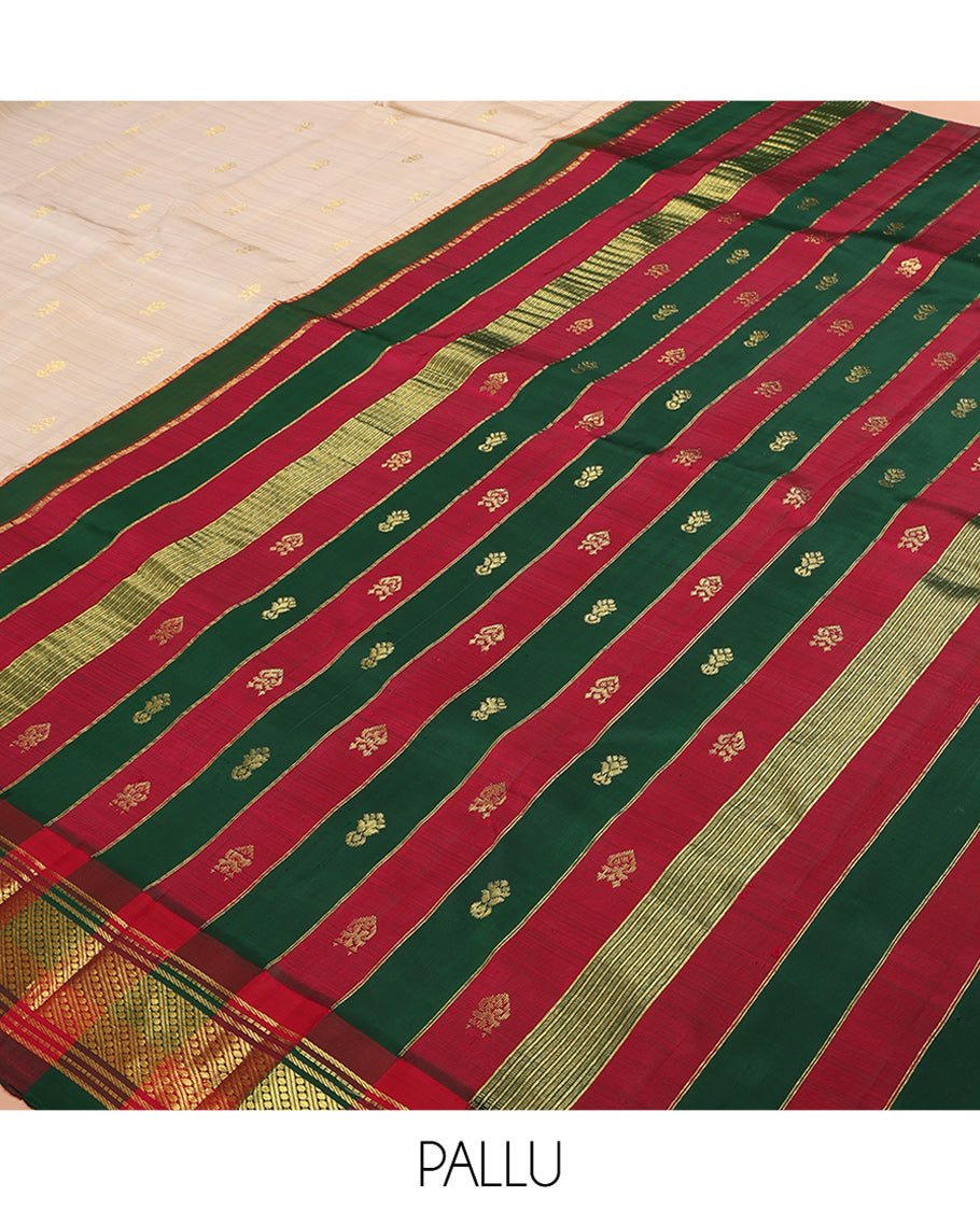 Sandal Kanchipuram Silk Saree, Sparsely Woven with Zari Buttas, a Contrast Korvai One-sided Border of Traditional Designs, Zari Woven Pallu, and No Blouse