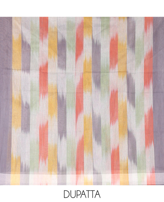 Grey Material Chudidhar Set Featuring Delicately Ikkat Woven Handloom Cotton Top, Plain Cotton Bottom, and Handloom Cotton Ikkat Textured Dupatta