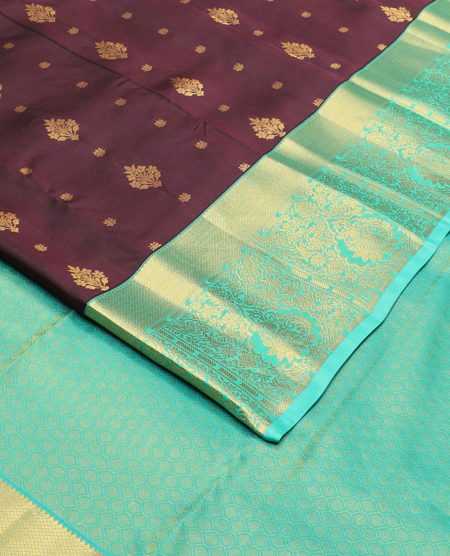 Brown zari buttas vasundhara silk mix saree, contrast ogee pallu & border of rekku,mayil kann, floral & mayil designs