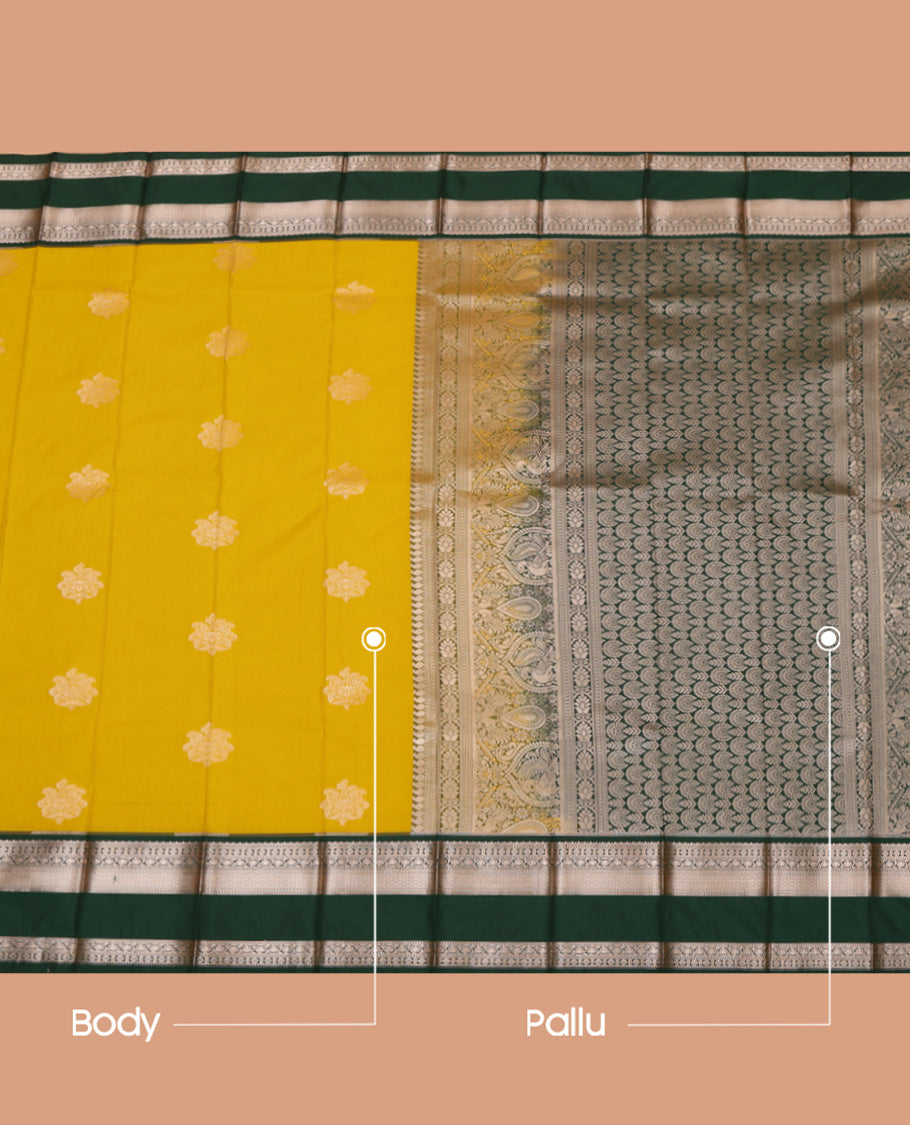 Mustard Budget Silk Saree Featuring Zari Buttas, a Contrast Traditional Border, Grand Pallu, and a Contrast Blouse