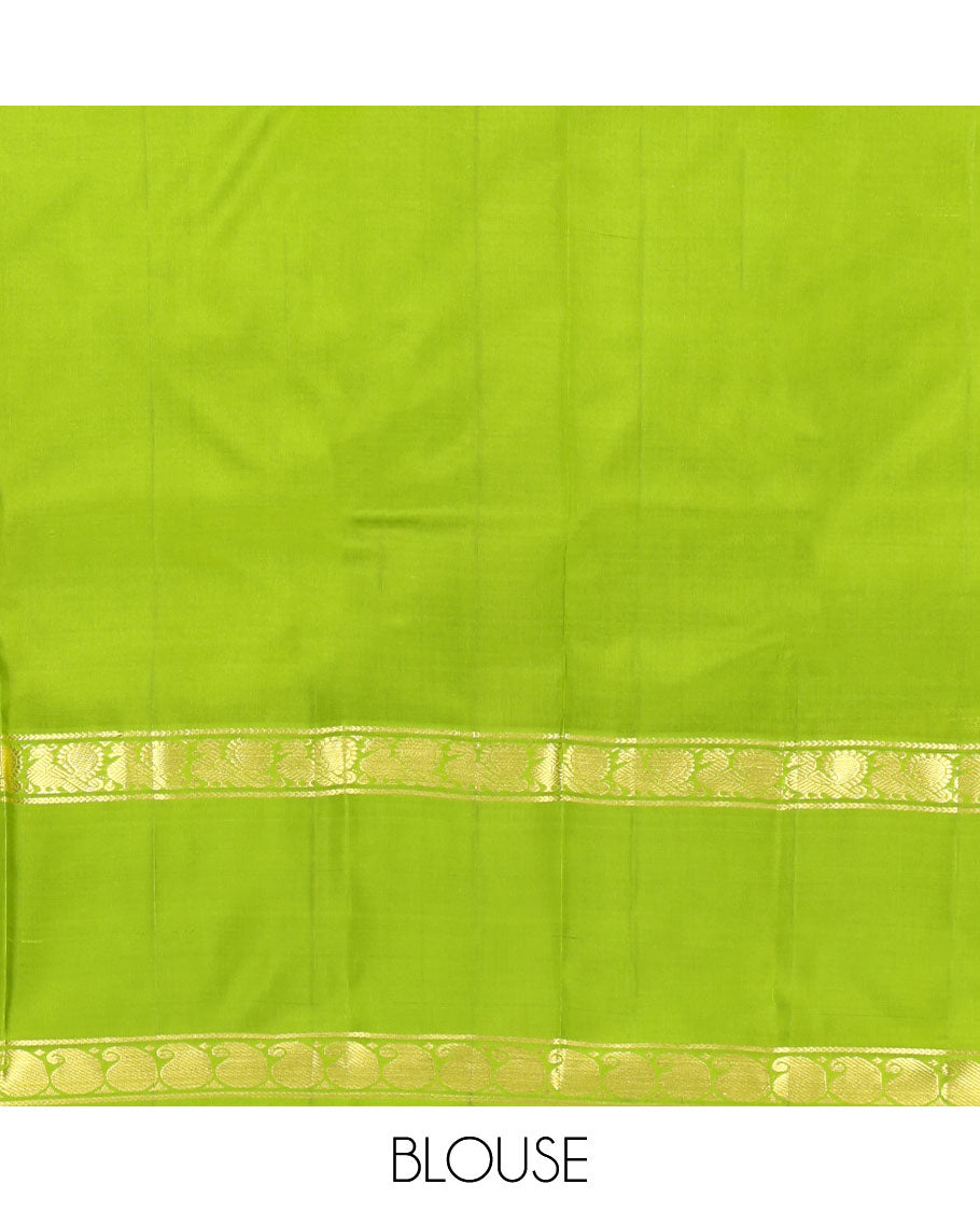 Purple Dual-tone Plain Kanchipuram Silk Saree, Complemented by a Contrast Rettai Pettu Border of Manga  and Mayil Design, Pallu of Zari Design, and Contrast Blouse