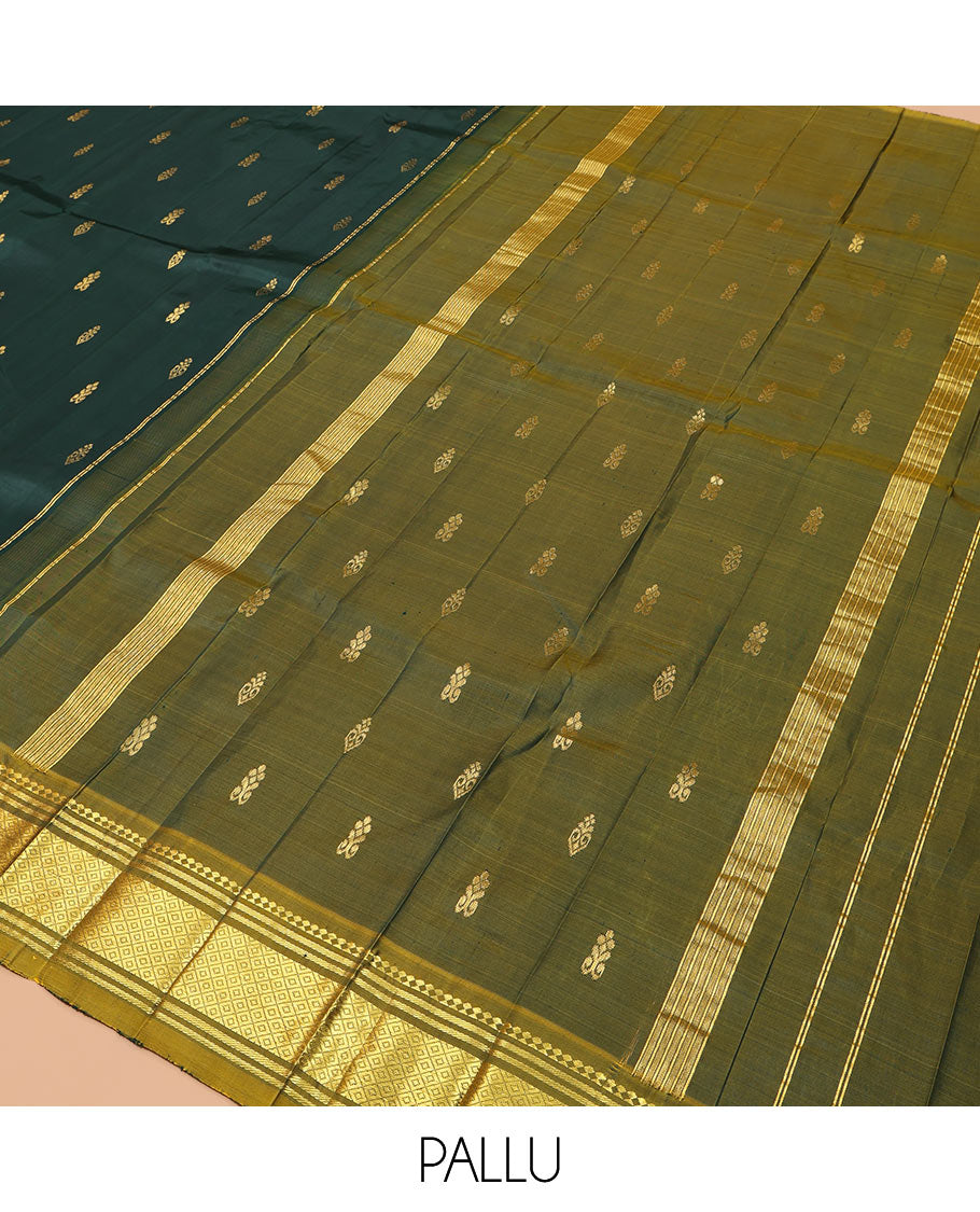 Green Kanchipuram Silk Saree Featuring Zari Buttas, Complemented by a Contrast One-Sided Border of Panner Sombu, Banaras, and Jaal Designs, Zari Design Pallu, and a No Blouse