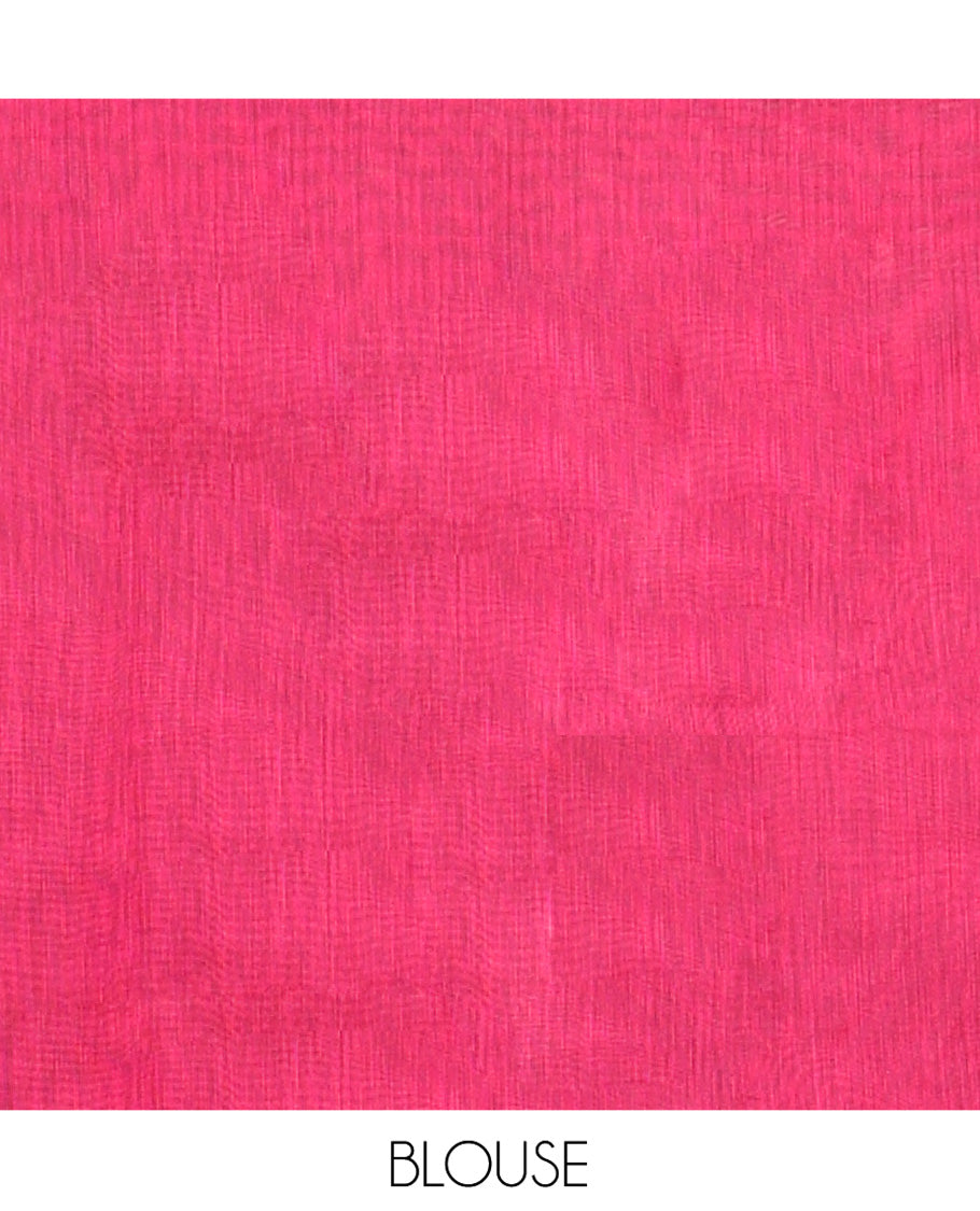 Red Semi-Silk Cotton Saree, Accentuated with Buttas All Over Its Body, Highlighted by a Zari Border of Geometric Designs, Pallu of Geometric Designs, and Paired with a Matching Blouse