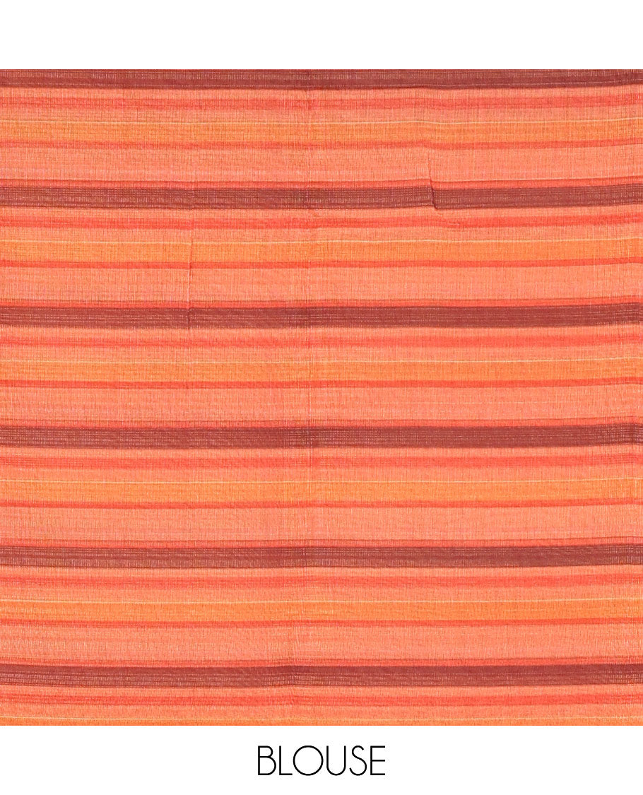 Orange horizontally striped linen cotton saree, contrast border, striped pallu, and a horizontal striped blouse
