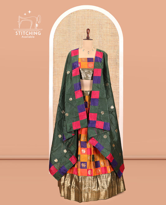 Multi-Color Checked Banarasi Silk Half-Saree with Peacock-Chakra Buttas Skirt, a Contrast Traditional Border, Matching Blouse, Contrast Dhavani