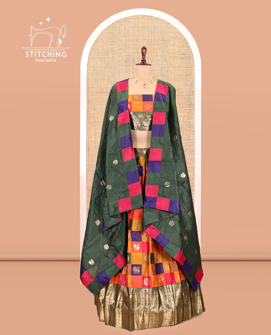Multi-Color Checked Banarasi Silk Half-Saree with Peacock-Chakra Buttas Skirt, a Contrast Traditional Border, Matching Blouse, Contrast Dhavani