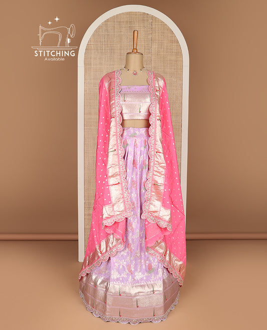 Lavender floral vine, animal design banaras half saree with contrast animal design border, zari design blouse & floral design dhavani