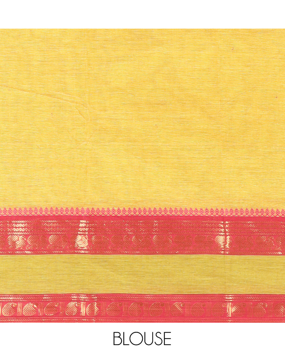 Lemon Yellow Plain Chettinad Cotton Saree, a Contrast Traditional Thread Rettai Pettu Border, Striped Pallu, a Matching Blouse