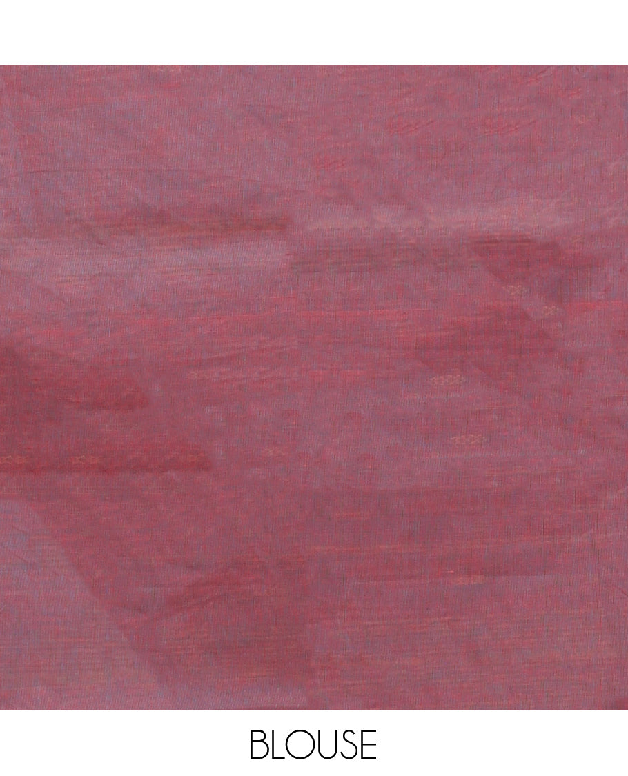 Wine Chettinad Cotton Saree, Ornamented with Thread Buttas All Over Its Body, Complemented by a Contrast Ganga-Jamuna Kal Eragina Border of Kodi Peacock and Elephant Designs, Pallu of Buttas and Stripes, and Paired with a Matching Blouse