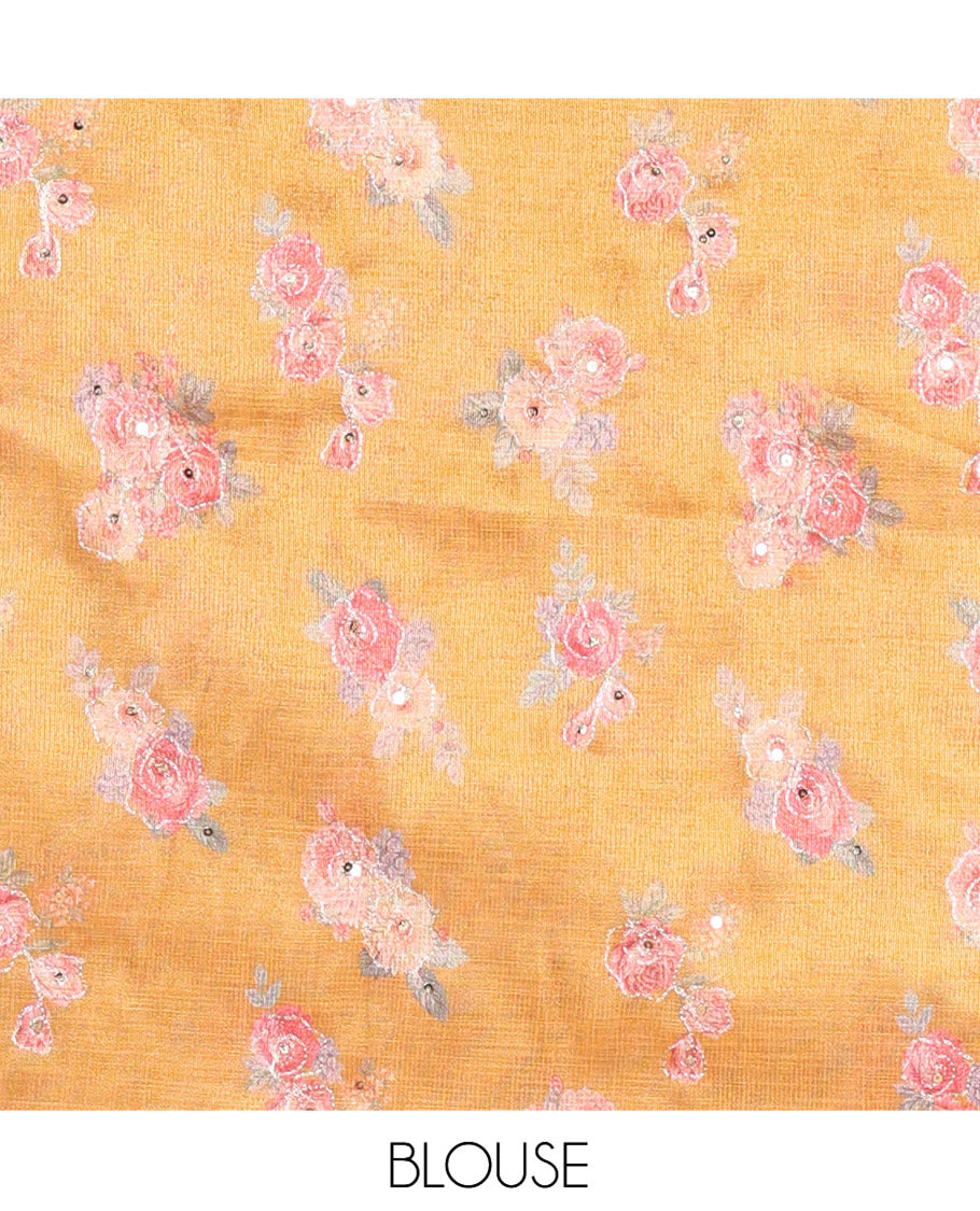 Mustard Fancy Tussar Saree, Intricate Border, Grand Pallu, a Printed Blouse, Matching Brocade Blouse