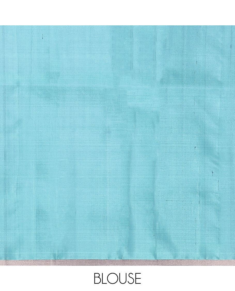 Blue Mayuri Soft Silk Saree, Sparsely Sparked with Zari Designs On Its Body, Complemented by Contrast Bavanji Border, Grand Jaal Pallu and Paired with a Contrast Blouse
