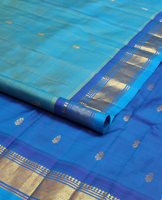 Blue zari buttas kanchipuram silk saree, contrast one-sided border of paneer sombu,banaras & jaal design & zari design pallu