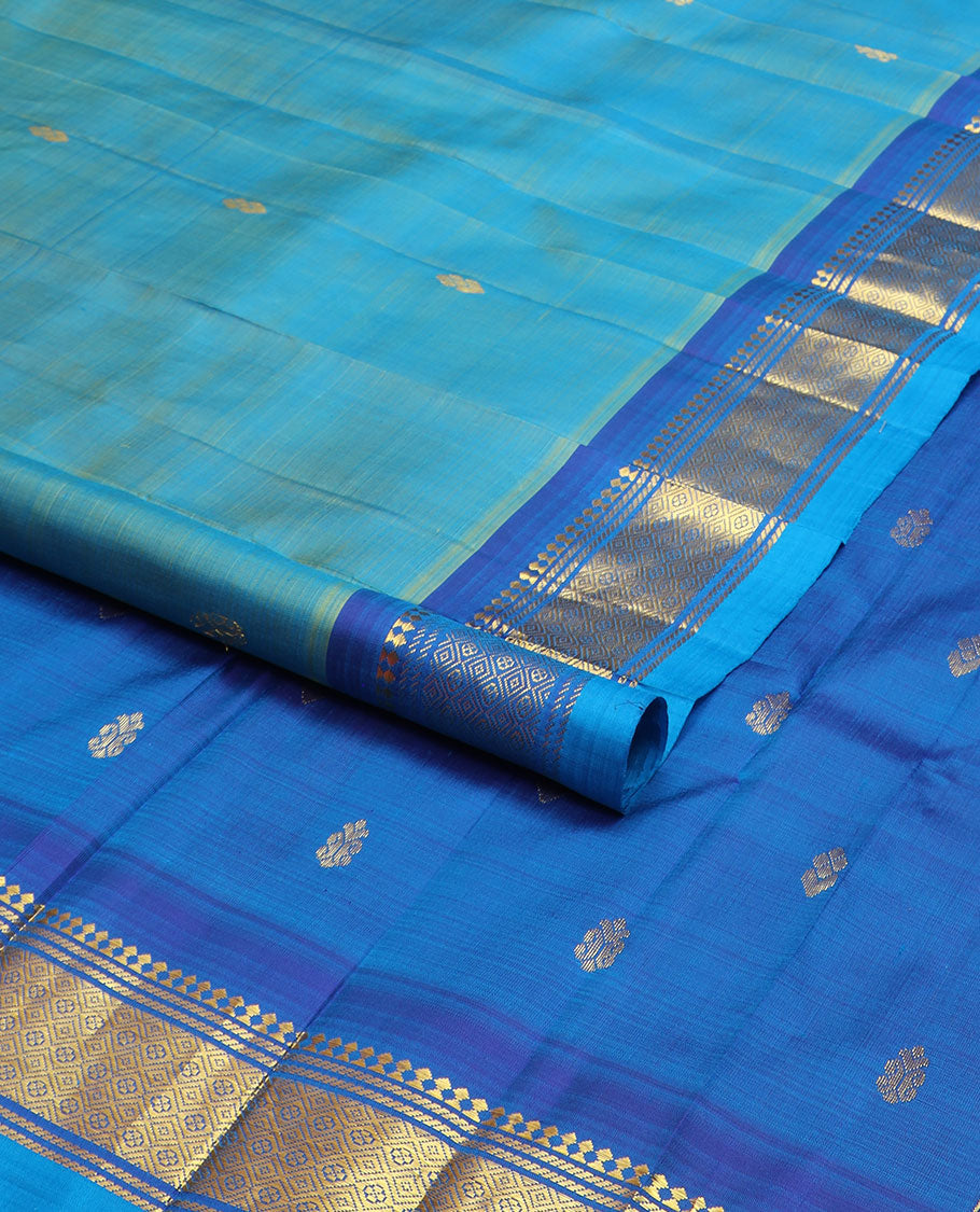 Blue zari buttas kanchipuram silk saree, contrast one-sided border of paneer sombu,banaras & jaal design & zari design pallu