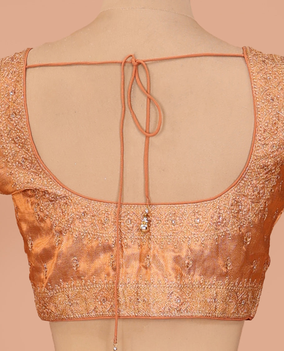 Orange thread embroidered front-back round neck elbow sleeve blouse