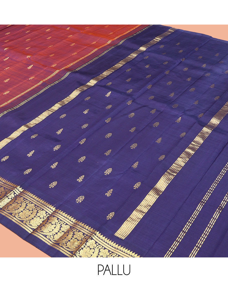 Red Kanchipuram Silk Saree, Woven with Zari Buttas, a Contrast One-Sided Border of Thilakam Mokku and Floral Designs, a Zari Design Pallu, and No Blouse