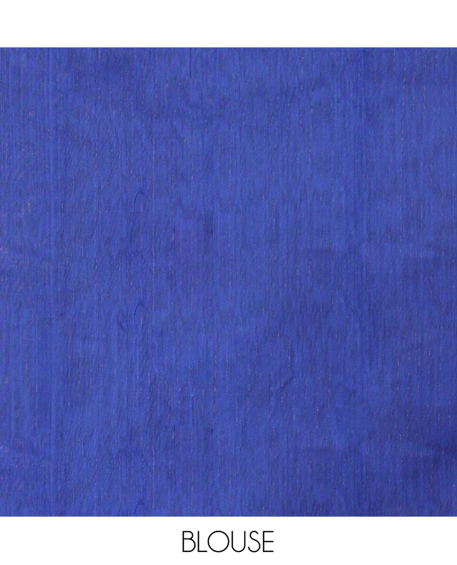 Borderless Blue Maheshwari Cotton Saree, Decked Up with Zari Stripes on Its Body, Highlighted by Pallu Steeped with Zari Design, and Paired with a Matching Blouse