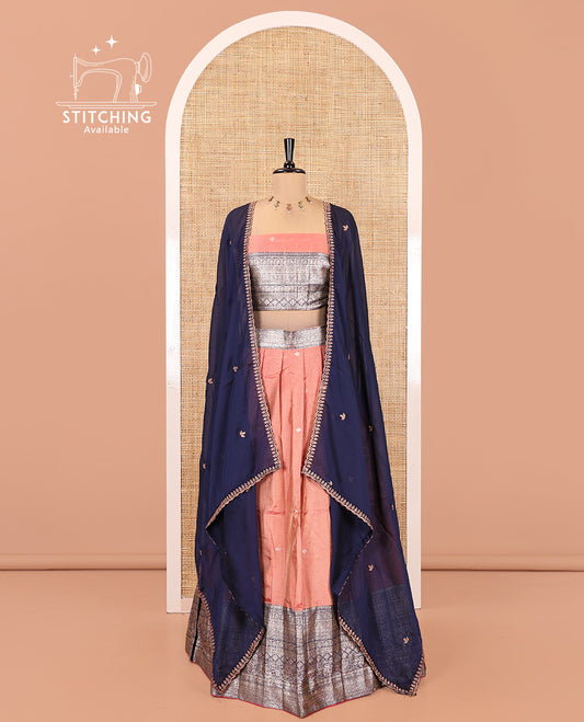 Peach-Blue Banarasi Silk Half-Saree Featuring Buttas Skirt, Contrast Traditional Border, Matching Blouse, Syska Georgette Embroidery Dhavani