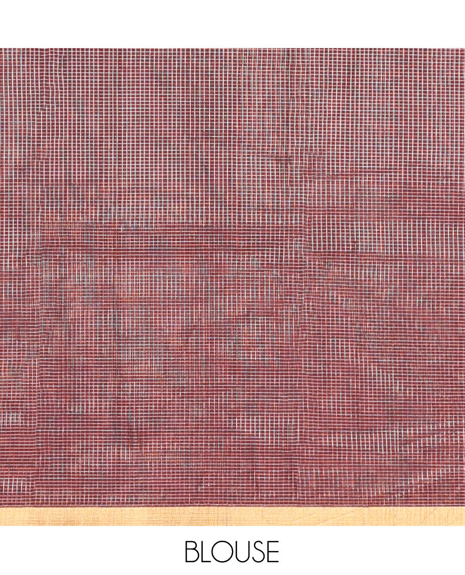 Brown Silk Cotton Saree, Ornamented with Buttas and Stripes, a Subtle Piping Border, Pallu of Temple Designs, and Matching Blouse