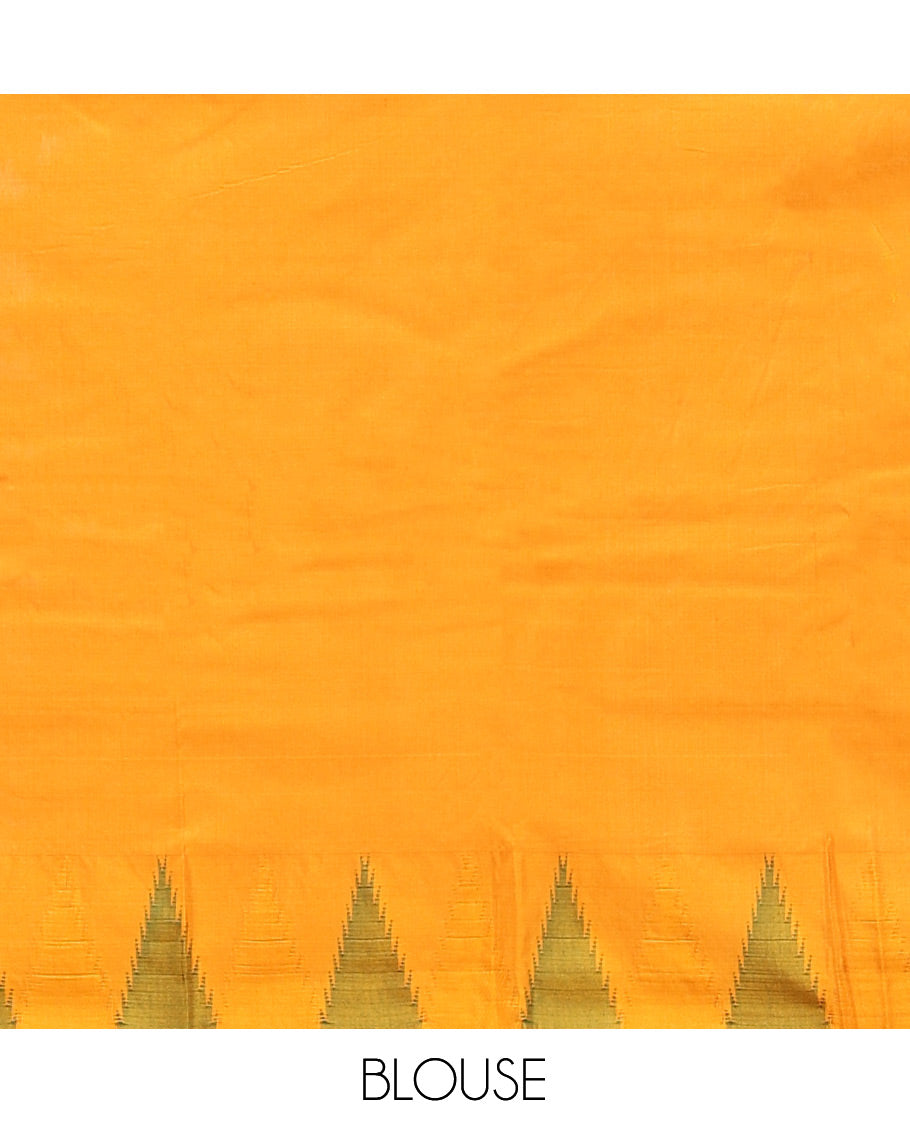 Red Plain Bangalore Silk Saree, Complemented by a Contrast Temple Border, Pallu of Stripes, and a Contrast Blouse