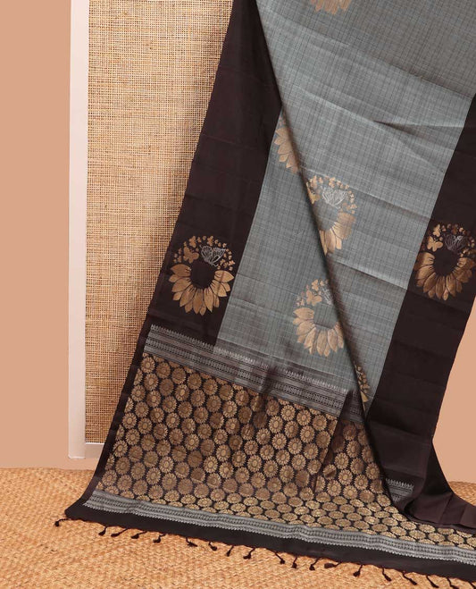 Grey checked, floral design mayuri soft silk saree with contrast sunflower design border & floral design pallu