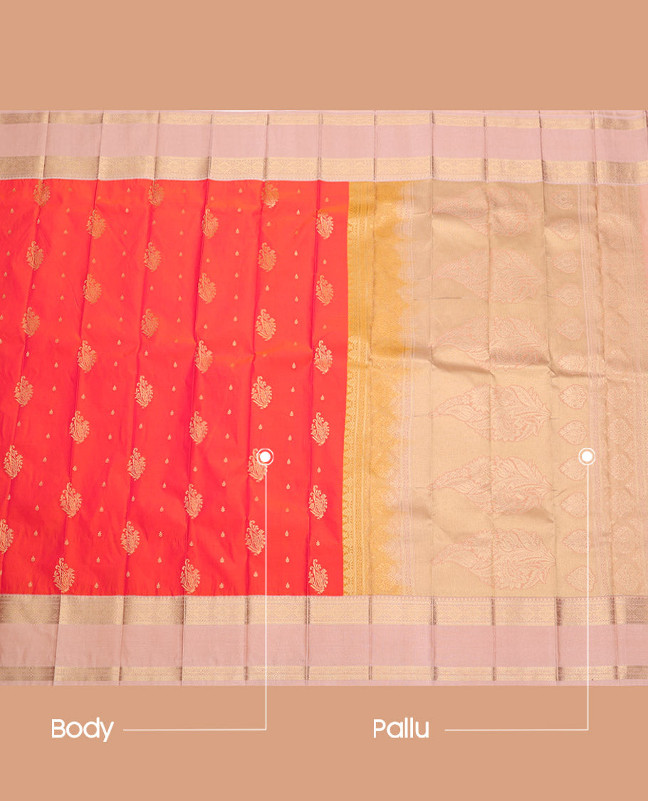 Orange Budget Silk Saree, Detailed with Zari Buttas, Complemented by a Contrast Traditional Zari Rettai Pettu Border, Grand Pallu, and a Contrast Blouse