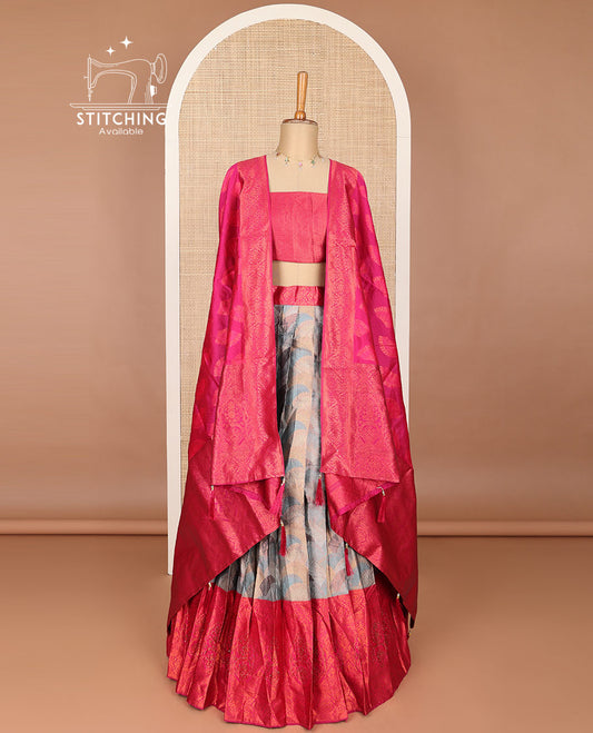 Multi color jacquard  art silk half saree with contrast zari border, zari design blouse & floral zari design dhavani