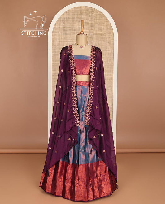 Blue floral embroidery art silk half saree with contrast intricate zari design border, zari design blouse & floral embroidery scallop border dhavani